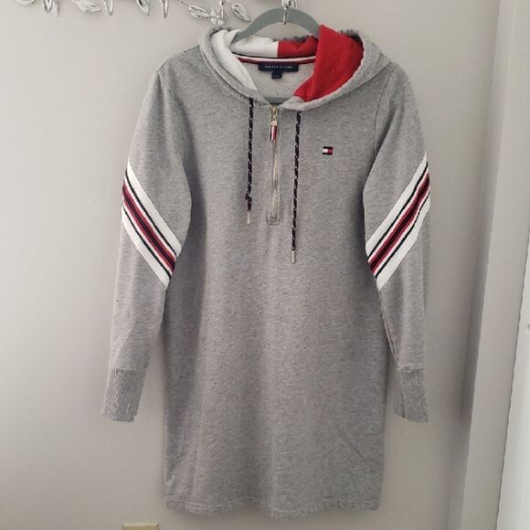 Tommy Hilfiger Hoodie Dress Womens Med Gray Sweatshirt Hilfiger Spellout Back - Picture 1 of 7